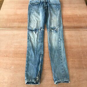MNML Jeans Men 28x30 Blue Low Rise Distressed Button Fly Ankle Zip Medium Wash